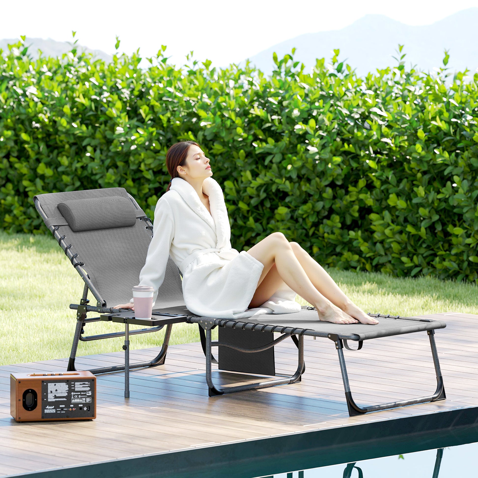 Folding Sun Lounger Garden Outdoor Lounger with Adjustable Backrest Headrest Side Pocket Tray and Steel Frame Load 120 kg for Terrace Pool Beach 190x60x31 cm Gray
