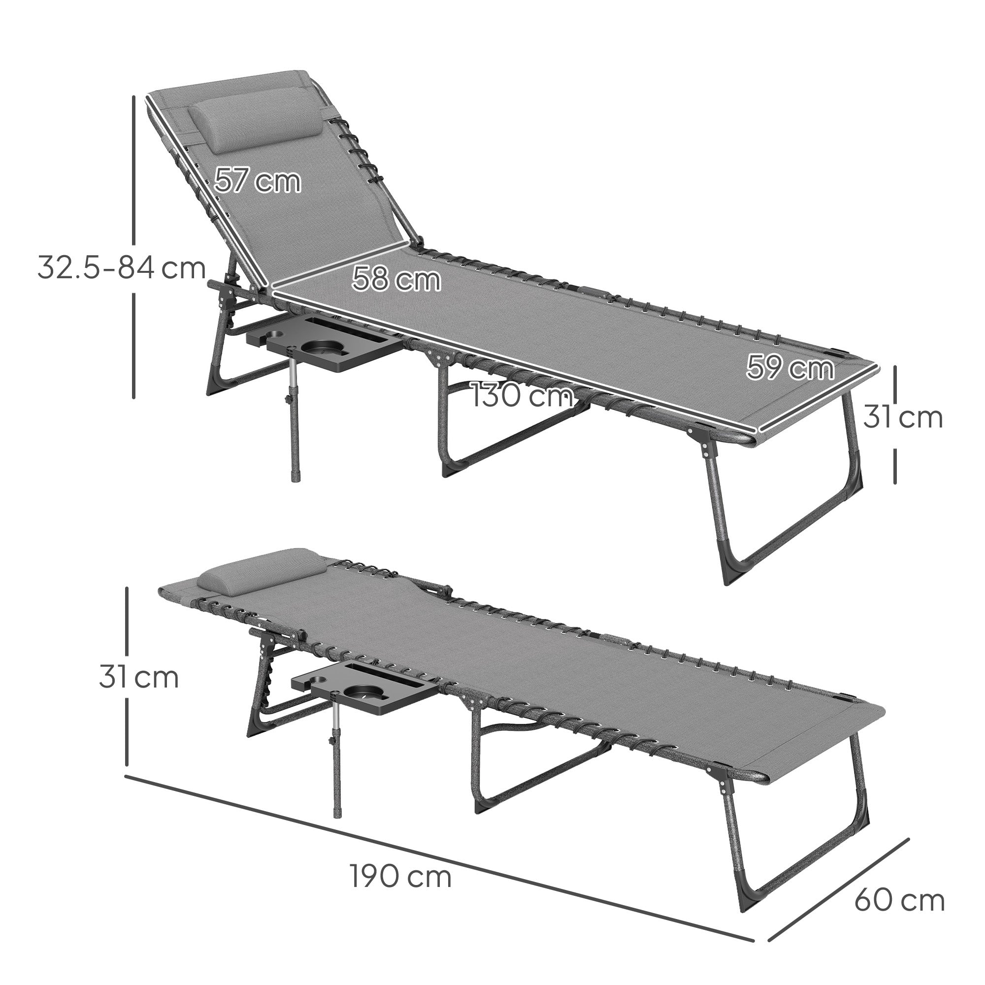 Folding Sun Lounger Garden Outdoor Lounger with Adjustable Backrest Headrest Side Pocket Tray and Steel Frame Load 120 kg for Terrace Pool Beach 190x60x31 cm Gray