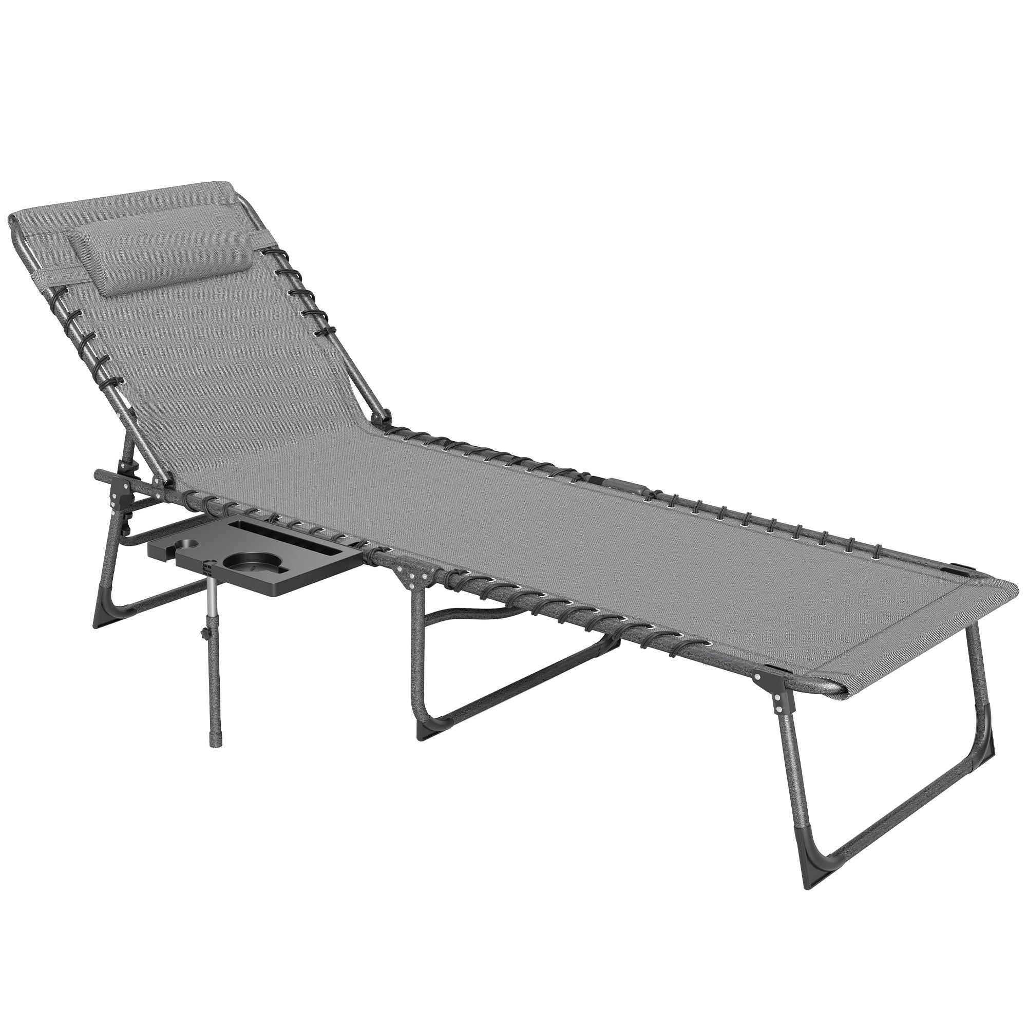 Folding Sun Lounger Garden Outdoor Lounger with Adjustable Backrest Headrest Side Pocket Tray and Steel Frame Load 120 kg for Terrace Pool Beach 190x60x31 cm Gray