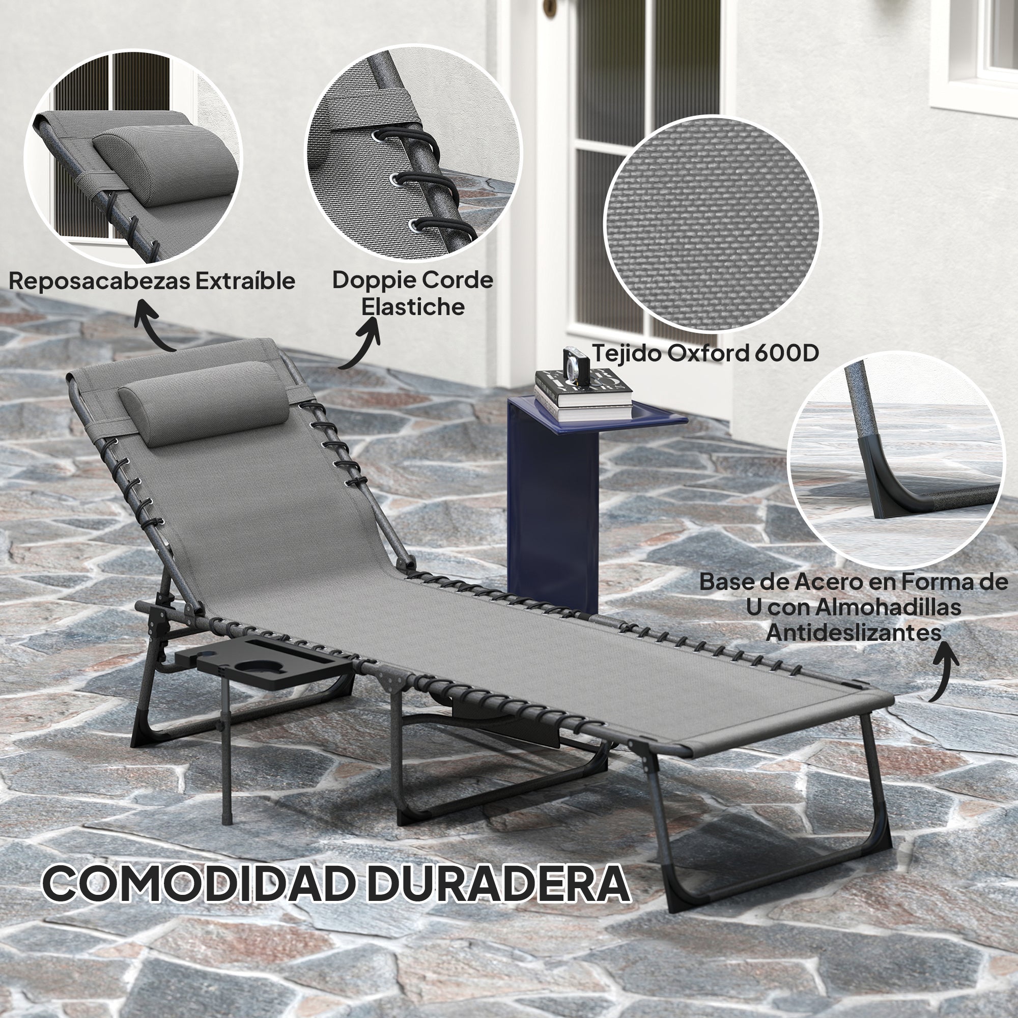 Folding Sun Lounger Garden Outdoor Lounger with Adjustable Backrest Headrest Side Pocket Tray and Steel Frame Load 120 kg for Terrace Pool Beach 190x60x31 cm Gray