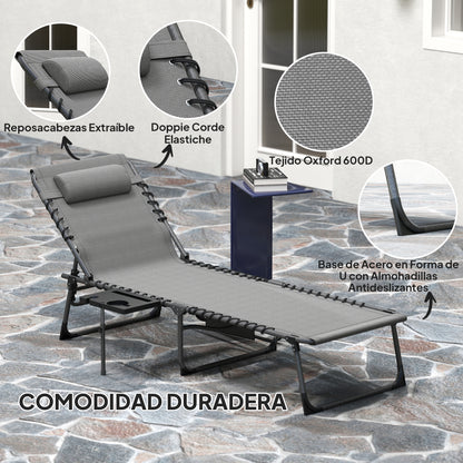 Folding Sun Lounger Garden Outdoor Lounger with Adjustable Backrest Headrest Side Pocket Tray and Steel Frame Load 120 kg for Terrace Pool Beach 190x60x31 cm Gray