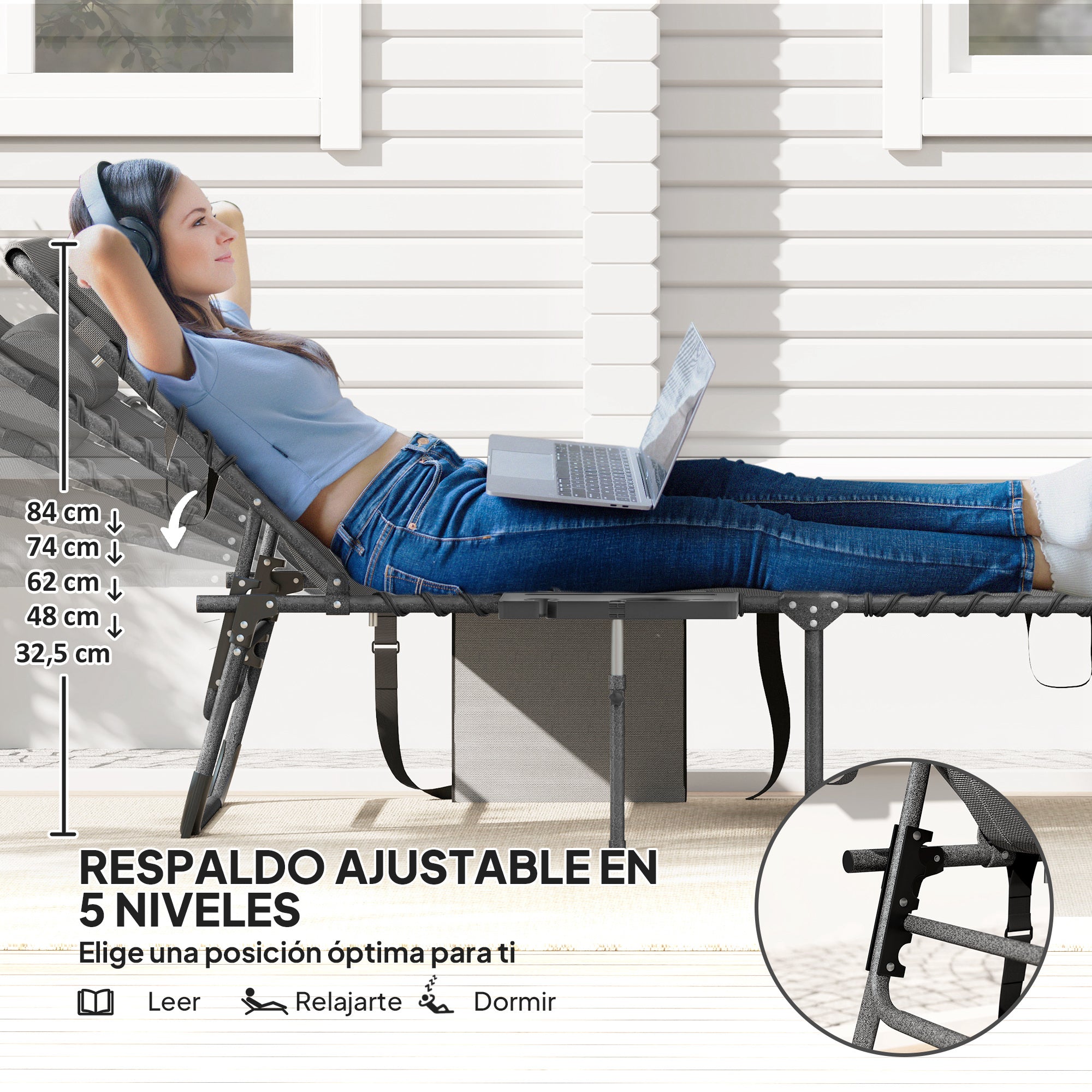 Folding Sun Lounger Garden Outdoor Lounger with Adjustable Backrest Headrest Side Pocket Tray and Steel Frame Load 120 kg for Terrace Pool Beach 190x60x31 cm Gray