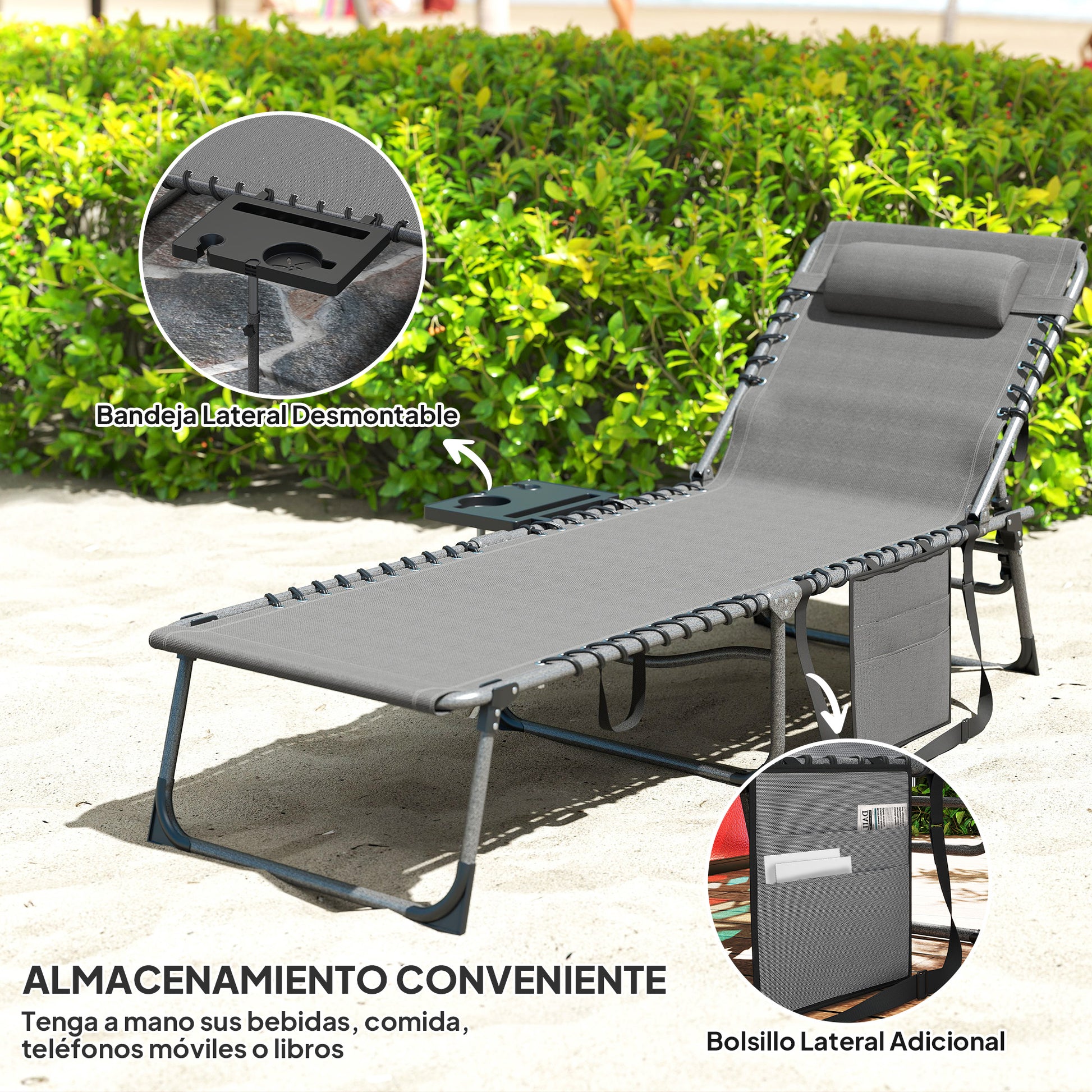 Folding Sun Lounger Garden Outdoor Lounger with Adjustable Backrest Headrest Side Pocket Tray and Steel Frame Load 120 kg for Terrace Pool Beach 190x60x31 cm Gray