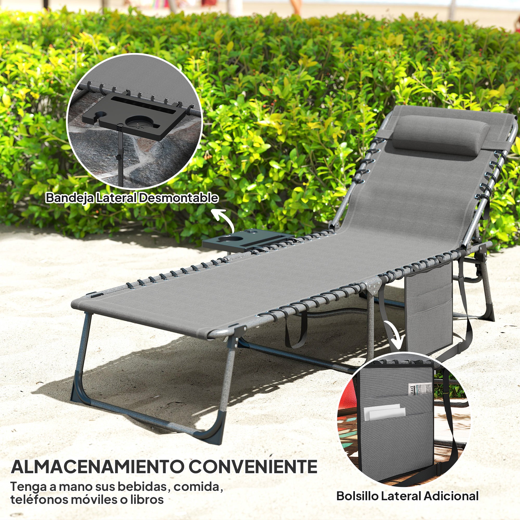 Folding Sun Lounger Garden Outdoor Lounger with Adjustable Backrest Headrest Side Pocket Tray and Steel Frame Load 120 kg for Terrace Pool Beach 190x60x31 cm Gray