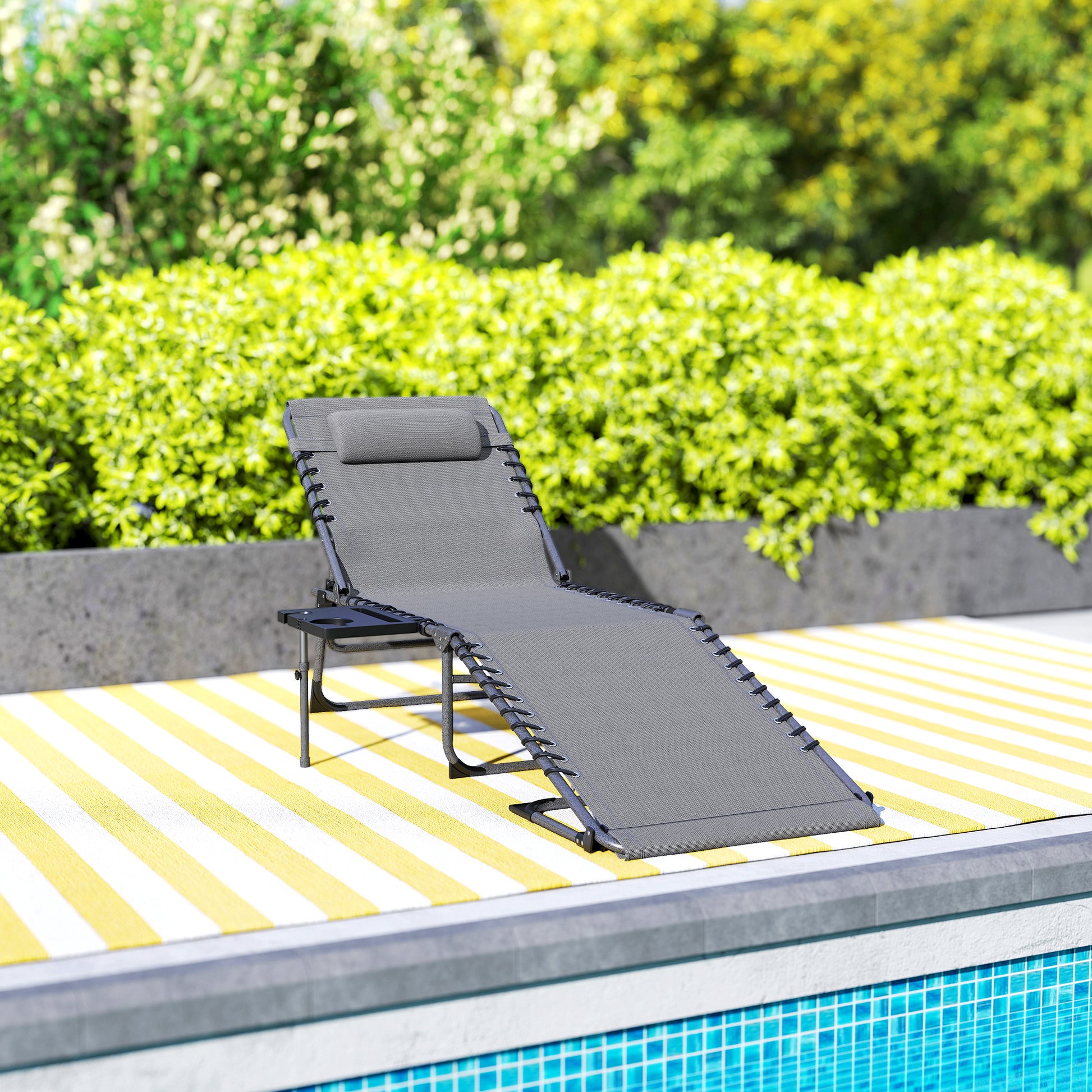 Folding Sun Lounger Garden Outdoor Lounger with Adjustable Backrest Headrest Side Pocket Tray and Steel Frame Load 120 kg for Terrace Pool Beach 190x60x31 cm Gray