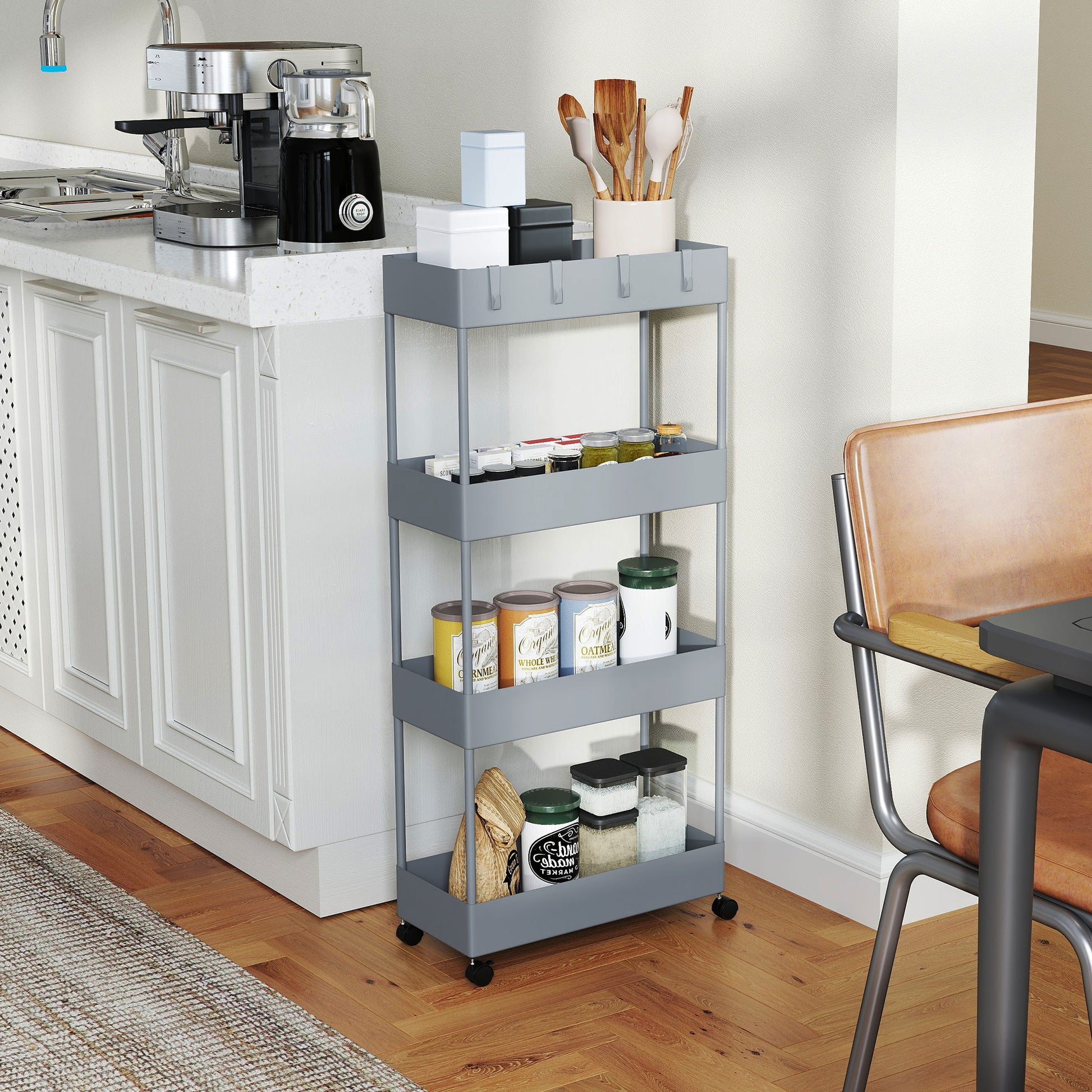 Serving Cart with 4 Levels Kitchen Trolley with Wheels Trolley with Hooks Kitchen Trolley All-Purpose Trolley for Kitchen Office Bathroom, White, Gray