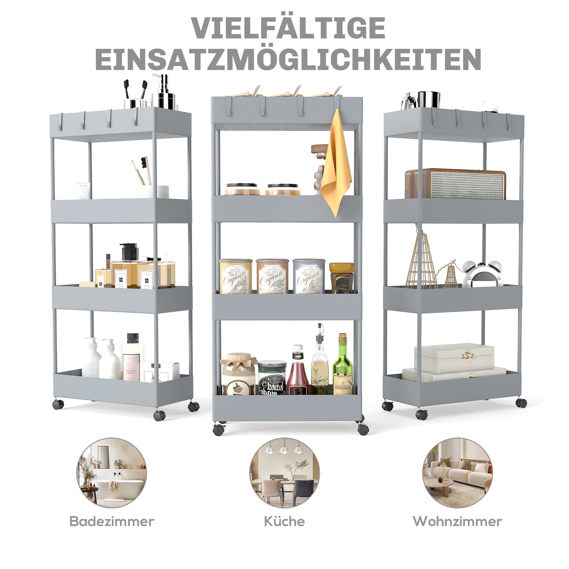 Serving Cart with 4 Levels Kitchen Trolley with Wheels Trolley with Hooks Kitchen Trolley All-Purpose Trolley for Kitchen Office Bathroom, White, Gray
