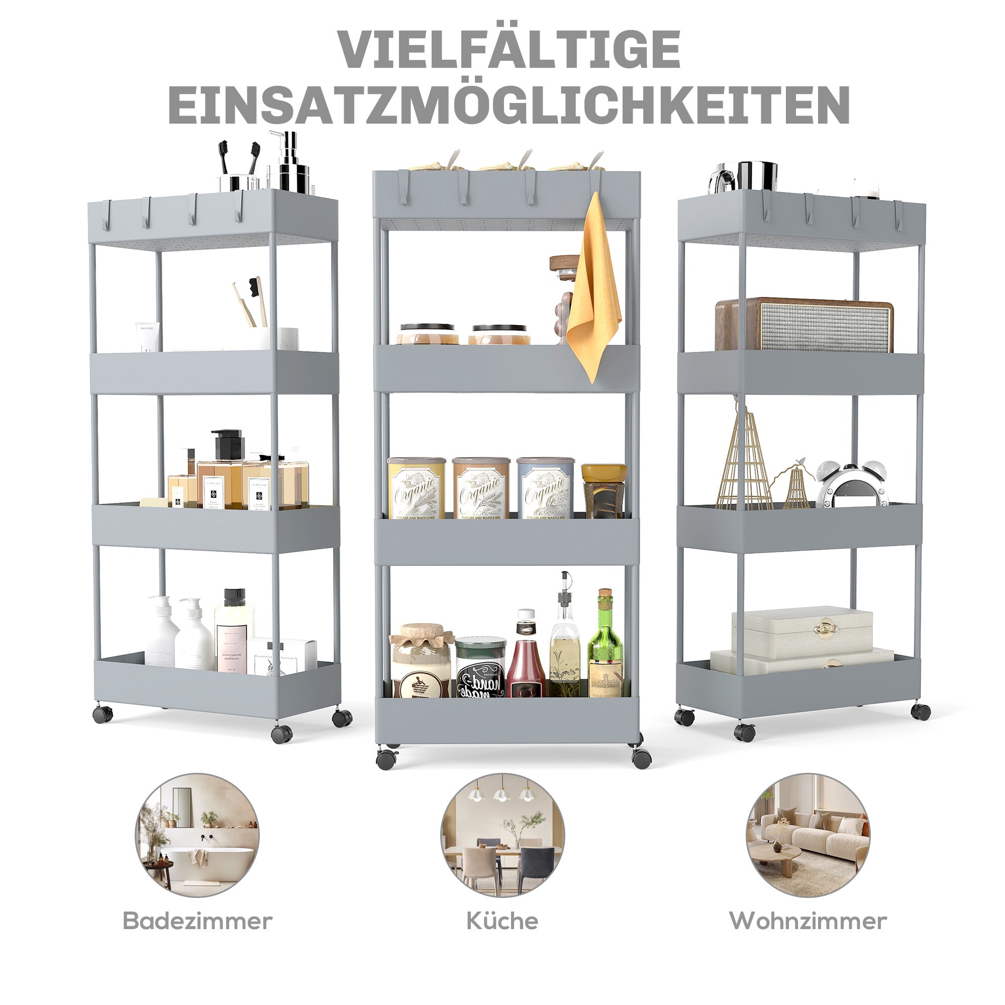 Serving Cart with 4 Levels Kitchen Trolley with Wheels Trolley with Hooks Kitchen Trolley All-Purpose Trolley for Kitchen Office Bathroom, White, Gray