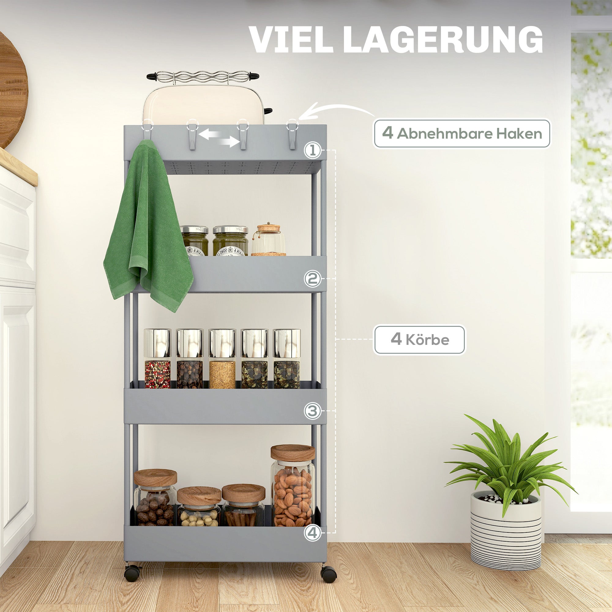Serving Cart with 4 Levels Kitchen Trolley with Wheels Trolley with Hooks Kitchen Trolley All-Purpose Trolley for Kitchen Office Bathroom, White, Gray