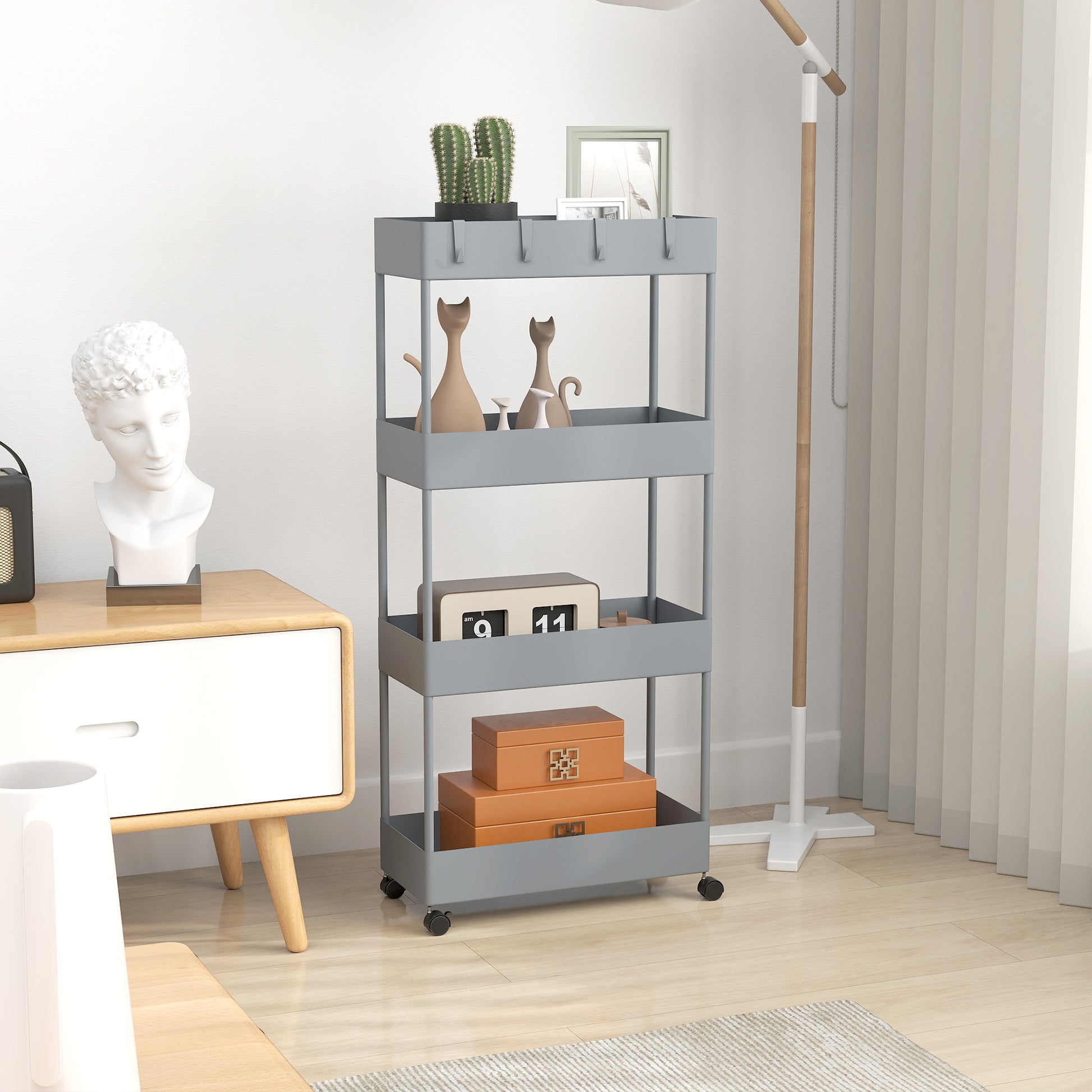 Serving Cart with 4 Levels Kitchen Trolley with Wheels Trolley with Hooks Kitchen Trolley All-Purpose Trolley for Kitchen Office Bathroom, White, Gray