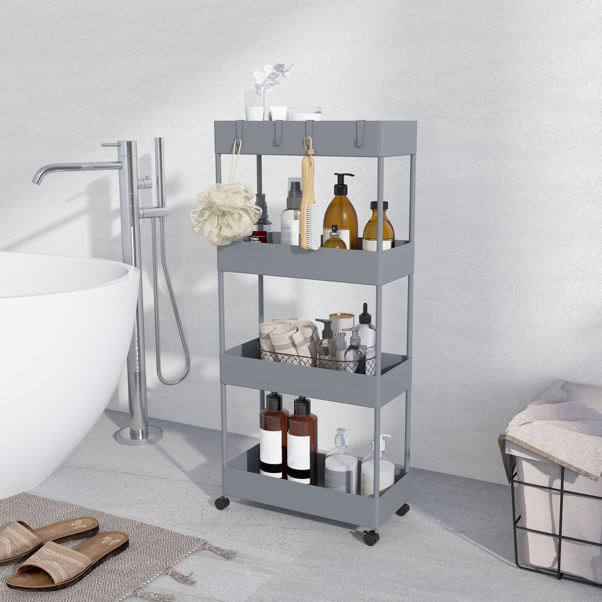 Serving Cart with 4 Levels Kitchen Trolley with Wheels Trolley with Hooks Kitchen Trolley All-Purpose Trolley for Kitchen Office Bathroom, White, Gray
