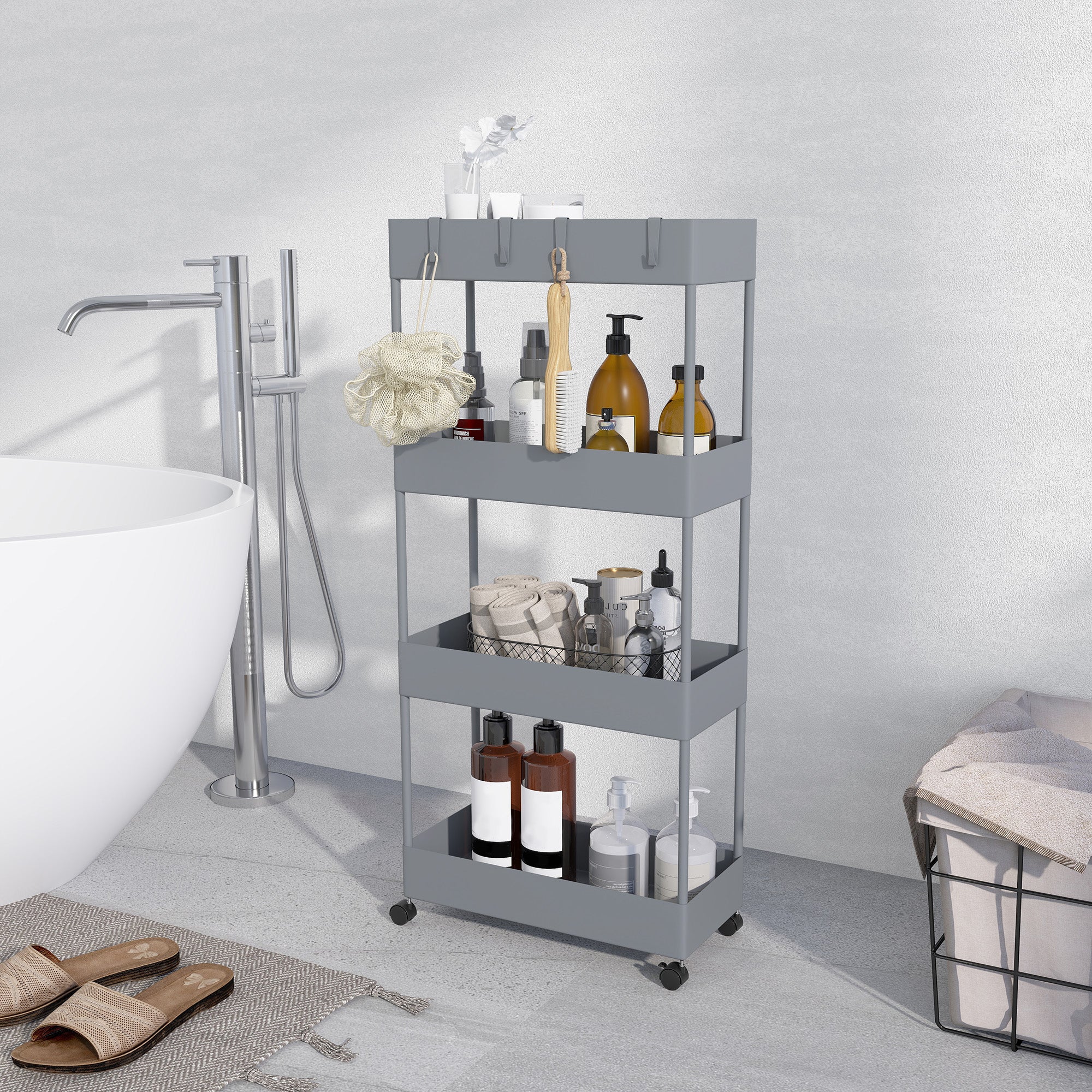Serving Cart with 4 Levels Kitchen Trolley with Wheels Trolley with Hooks Kitchen Trolley All-Purpose Trolley for Kitchen Office Bathroom, White, Gray