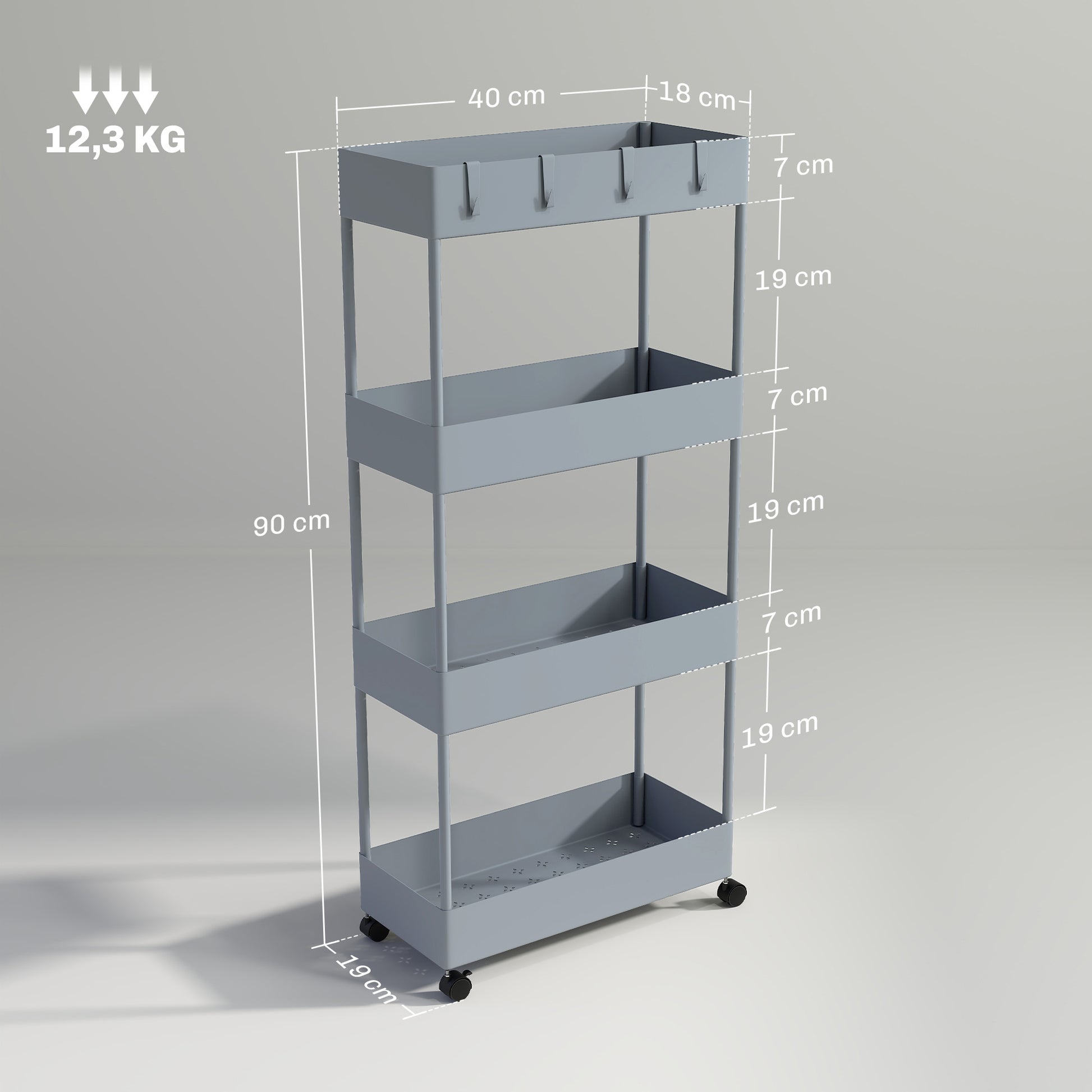 Serving Cart with 4 Levels Kitchen Trolley with Wheels Trolley with Hooks Kitchen Trolley All-Purpose Trolley for Kitchen Office Bathroom, White, Gray