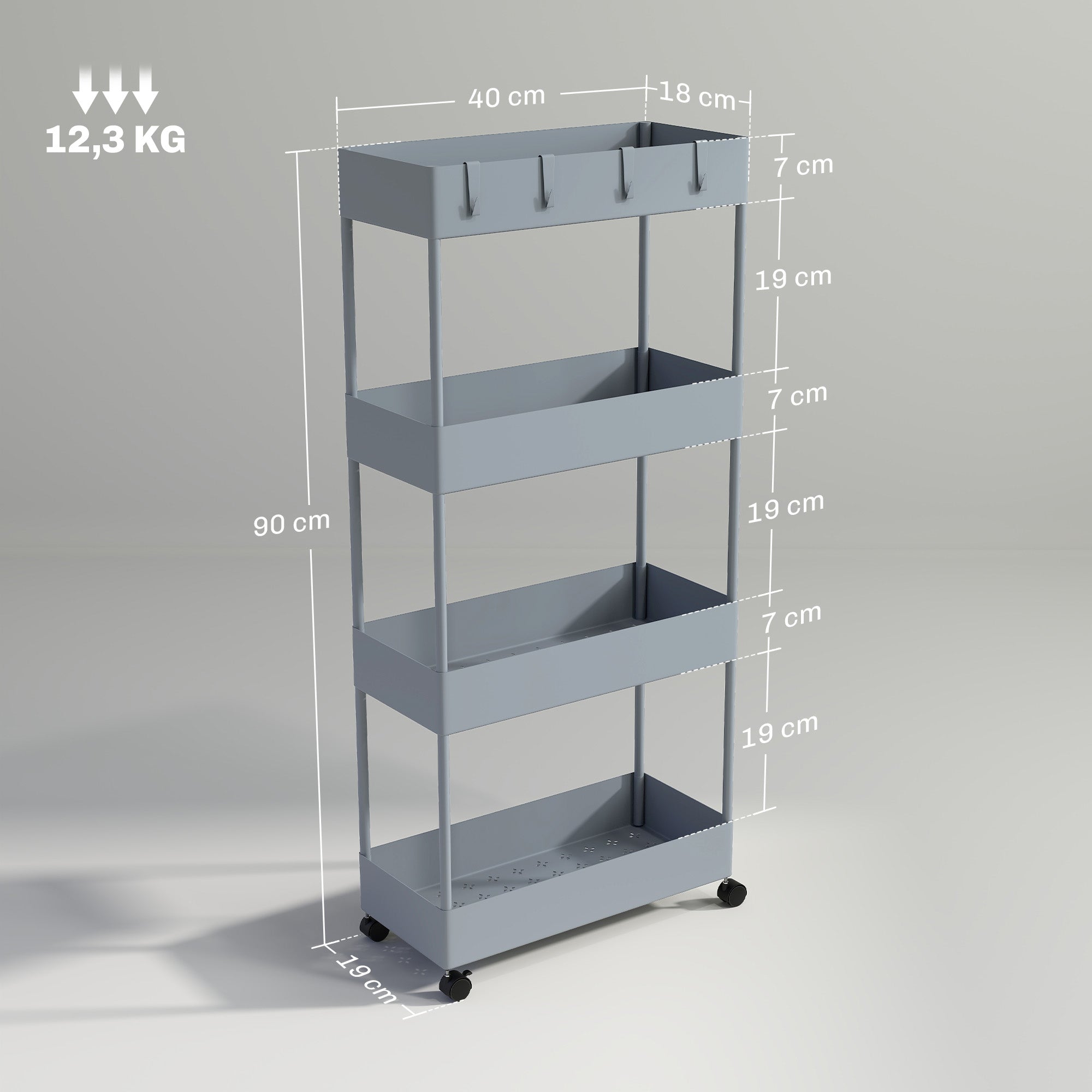 Serving Cart with 4 Levels Kitchen Trolley with Wheels Trolley with Hooks Kitchen Trolley All-Purpose Trolley for Kitchen Office Bathroom, White, Gray
