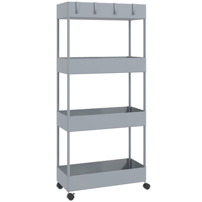 Serving Cart with 4 Levels Kitchen Trolley with Wheels Trolley with Hooks Kitchen Trolley All-Purpose Trolley for Kitchen Office Bathroom, White, Gray