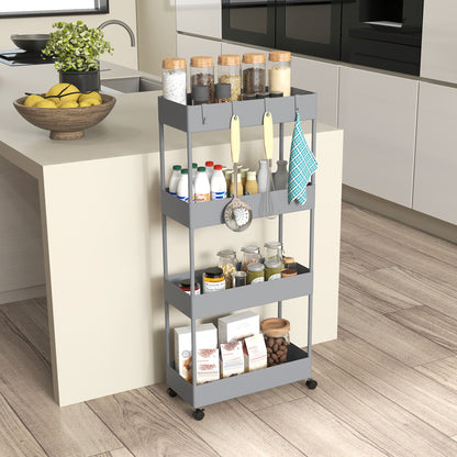 Serving Cart with 4 Levels Kitchen Trolley with Wheels Trolley with Hooks Kitchen Trolley All-Purpose Trolley for Kitchen Office Bathroom, White, Gray