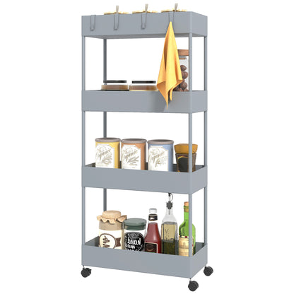 Serving Cart with 4 Levels Kitchen Trolley with Wheels Trolley with Hooks Kitchen Trolley All-Purpose Trolley for Kitchen Office Bathroom, White, Gray
