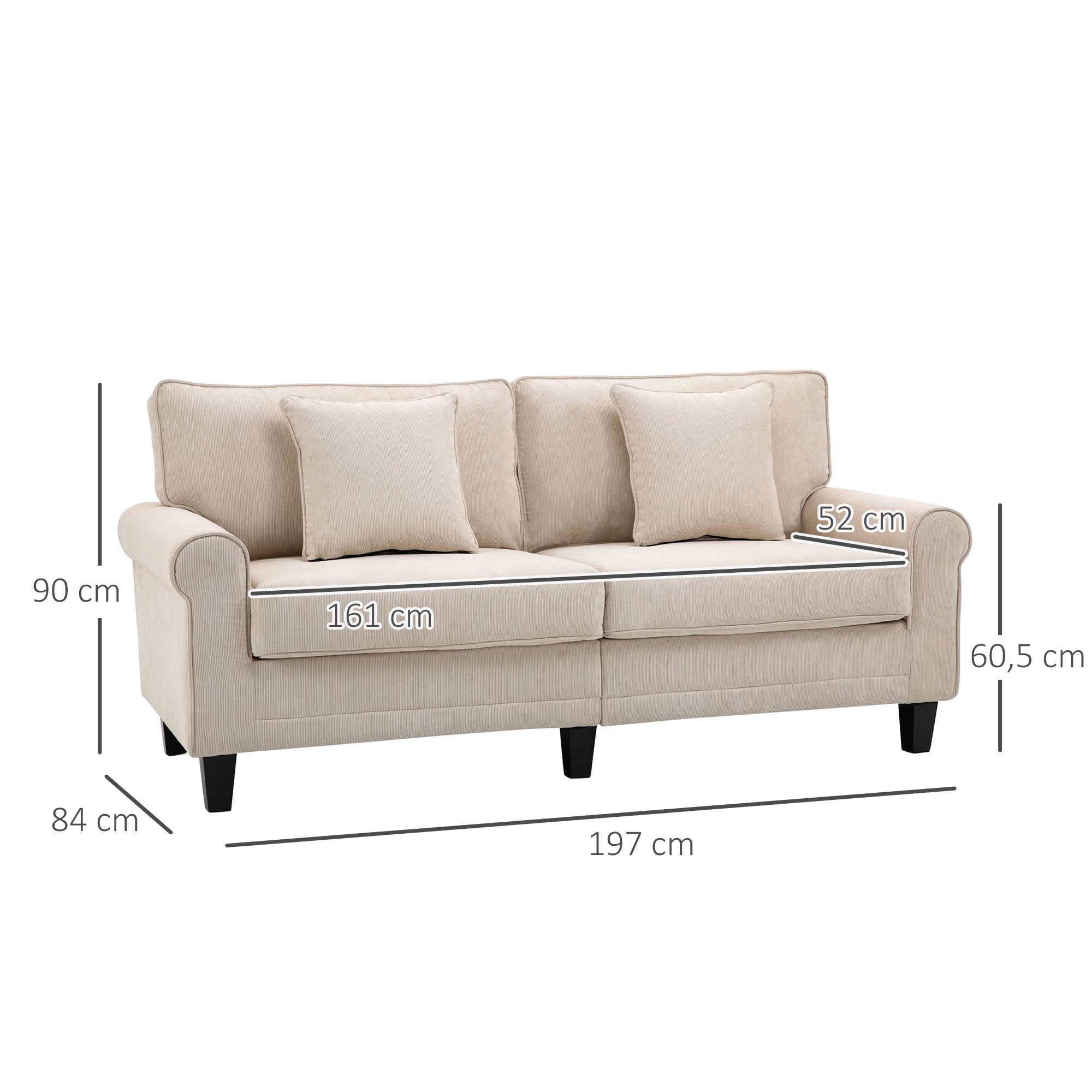 3-Seater Corduroy Velvet Fabric Sofa with Armrests and Padded Backrest, 197 cm, with 2 Pillows, Solid Pine Wood Feet, for Living Room, Bedroom, Office, Beige