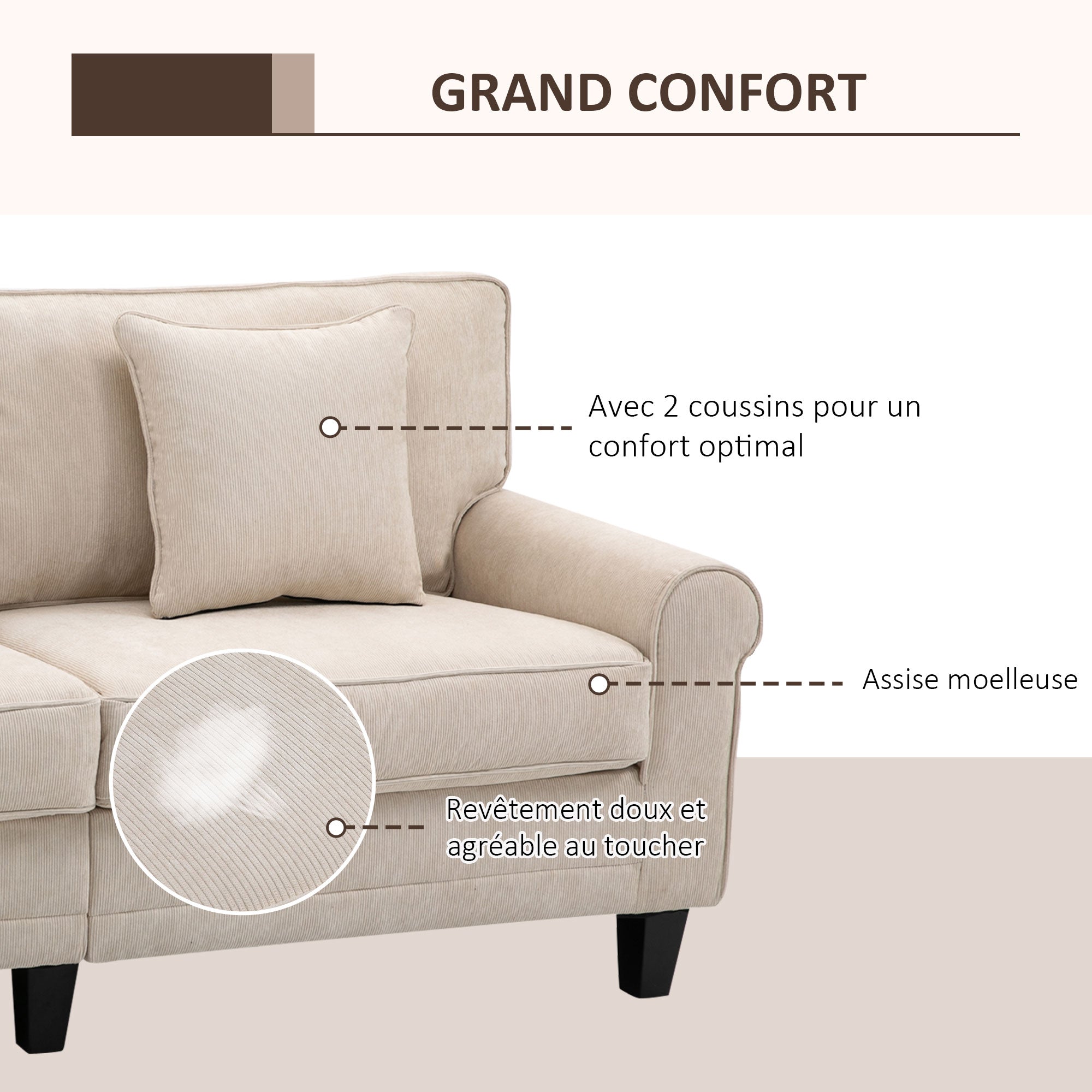 3-Seater Corduroy Velvet Fabric Sofa with Armrests and Padded Backrest, 197 cm, with 2 Pillows, Solid Pine Wood Feet, for Living Room, Bedroom, Office, Beige