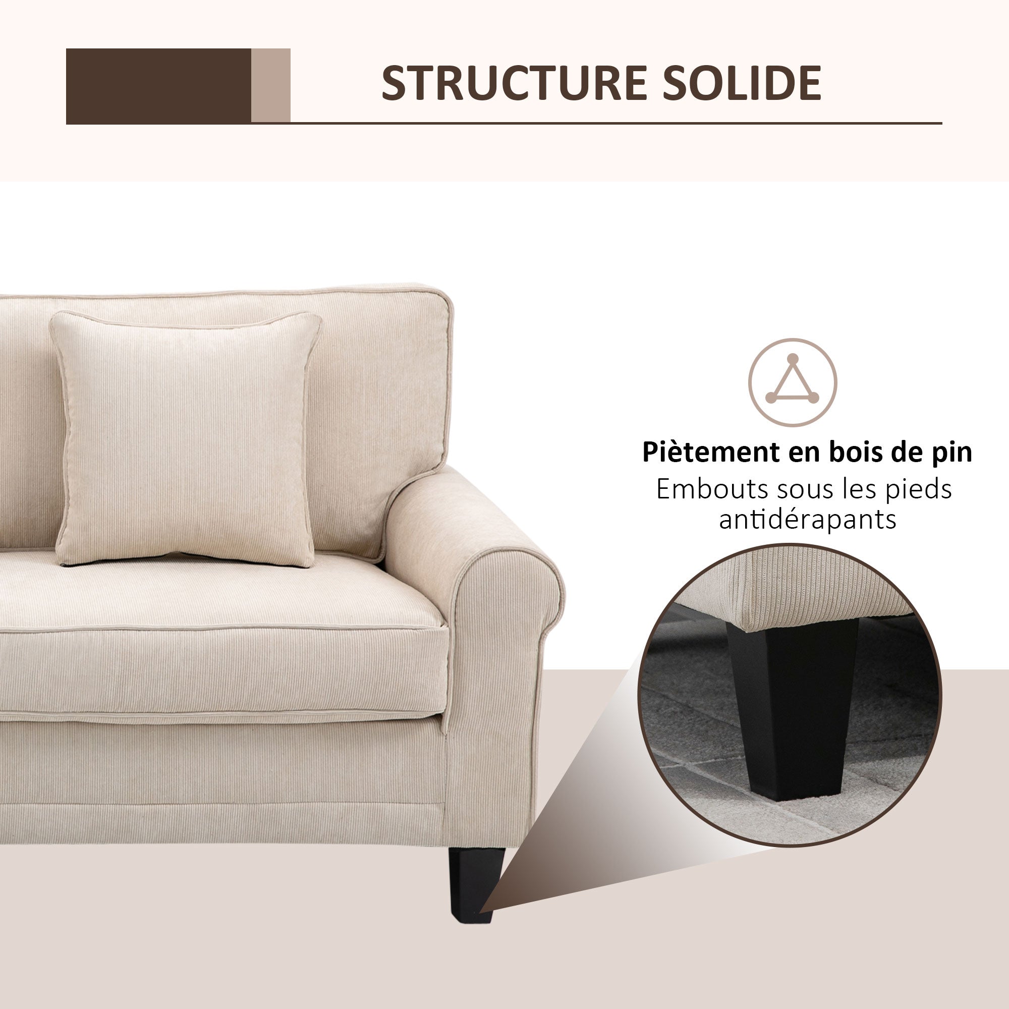 3-Seater Corduroy Velvet Fabric Sofa with Armrests and Padded Backrest, 197 cm, with 2 Pillows, Solid Pine Wood Feet, for Living Room, Bedroom, Office, Beige