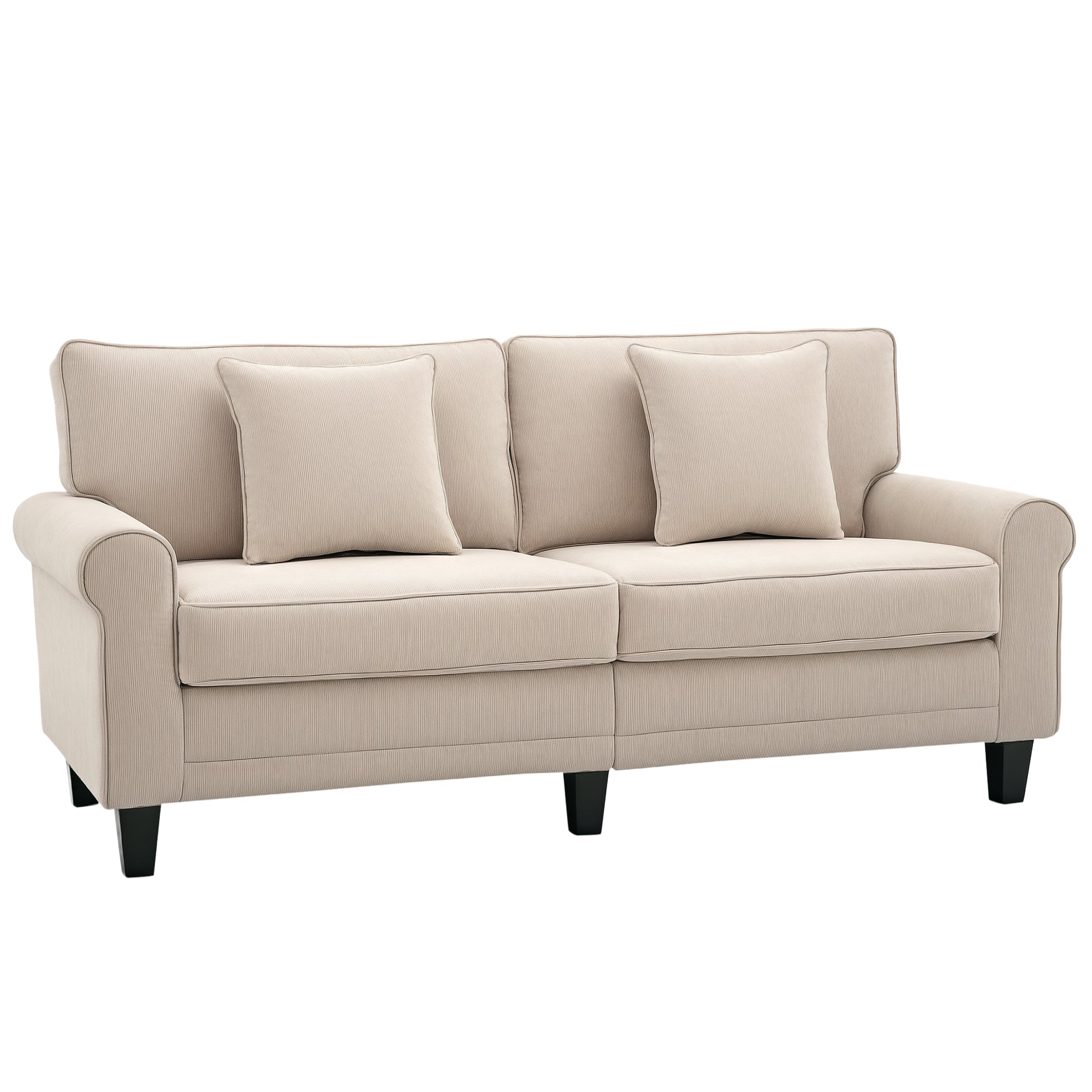 3-Seater Corduroy Velvet Fabric Sofa with Armrests and Padded Backrest, 197 cm, with 2 Pillows, Solid Pine Wood Feet, for Living Room, Bedroom, Office, Beige