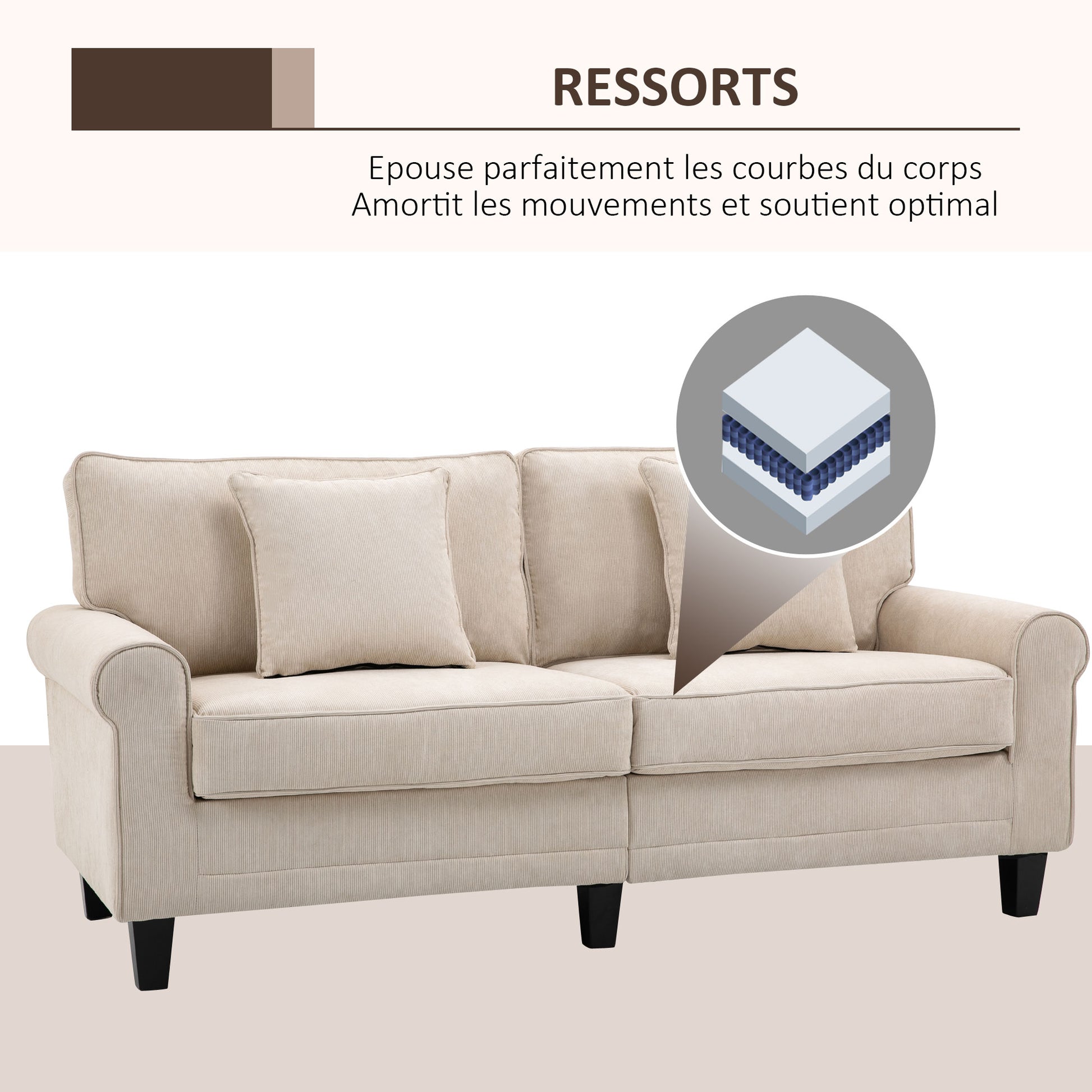 3-Seater Corduroy Velvet Fabric Sofa with Armrests and Padded Backrest, 197 cm, with 2 Pillows, Solid Pine Wood Feet, for Living Room, Bedroom, Office, Beige