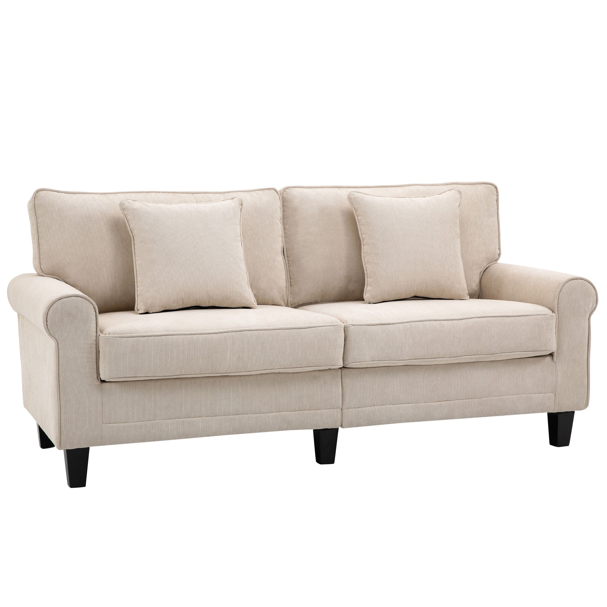 3-Seater Corduroy Velvet Fabric Sofa with Armrests and Padded Backrest, 197 cm, with 2 Pillows, Solid Pine Wood Feet, for Living Room, Bedroom, Office, Beige