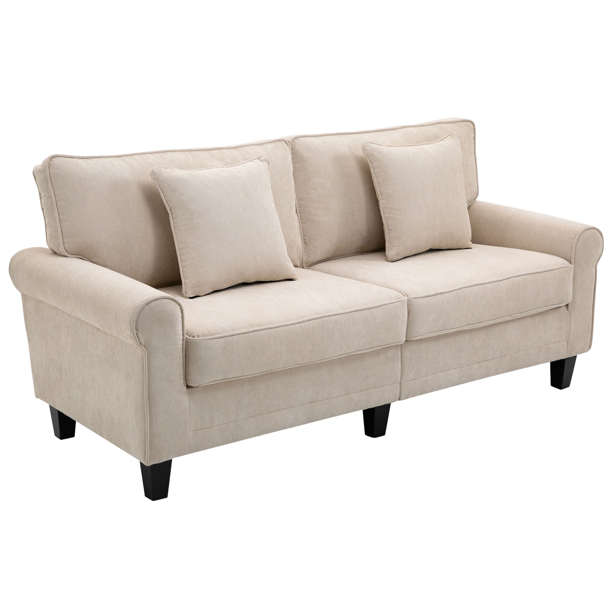 3-Seater Corduroy Velvet Fabric Sofa with Armrests and Padded Backrest, 197 cm, with 2 Pillows, Solid Pine Wood Feet, for Living Room, Bedroom, Office, Beige
