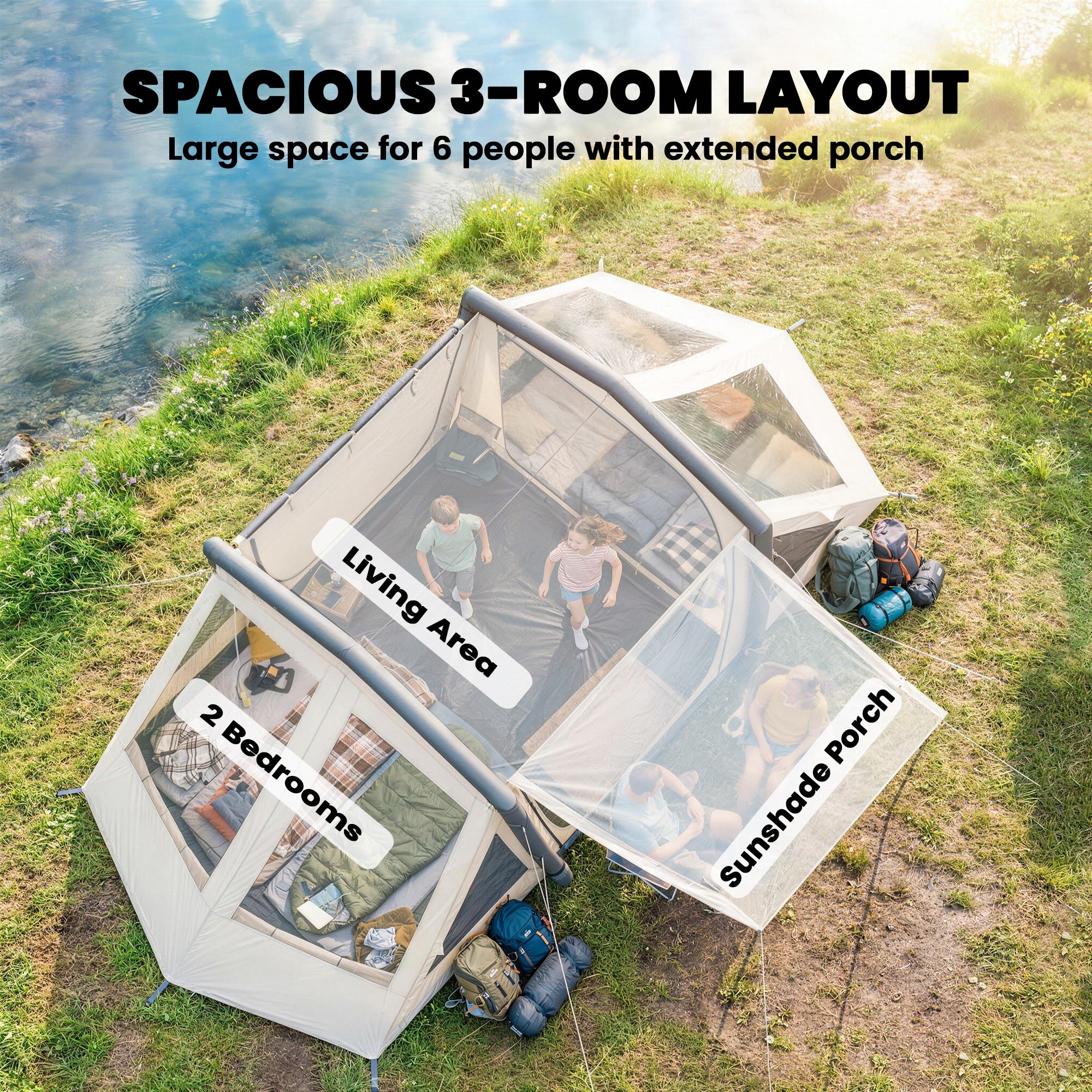 Inflatable 6-Person Tent — Fast Setup, Darkened Bedrooms, 2-Bedroom + Living Area, Porch, Fluorescent Pegs & Groundsheet, Waterproof Oxford Fabric