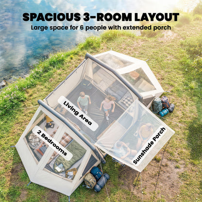 Inflatable 6-Person Tent — Fast Setup, Darkened Bedrooms, 2-Bedroom + Living Area, Porch, Fluorescent Pegs & Groundsheet, Waterproof Oxford Fabric