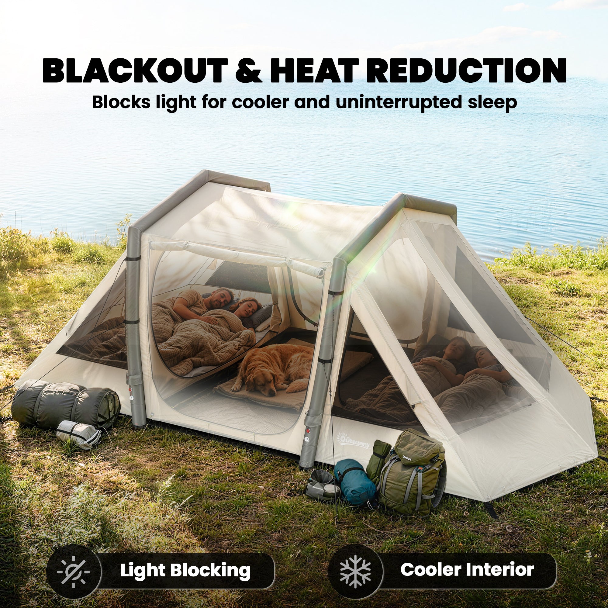 Inflatable 6-Person Tent — Fast Setup, Darkened Bedrooms, 2-Bedroom + Living Area, Porch, Fluorescent Pegs & Groundsheet, Waterproof Oxford Fabric
