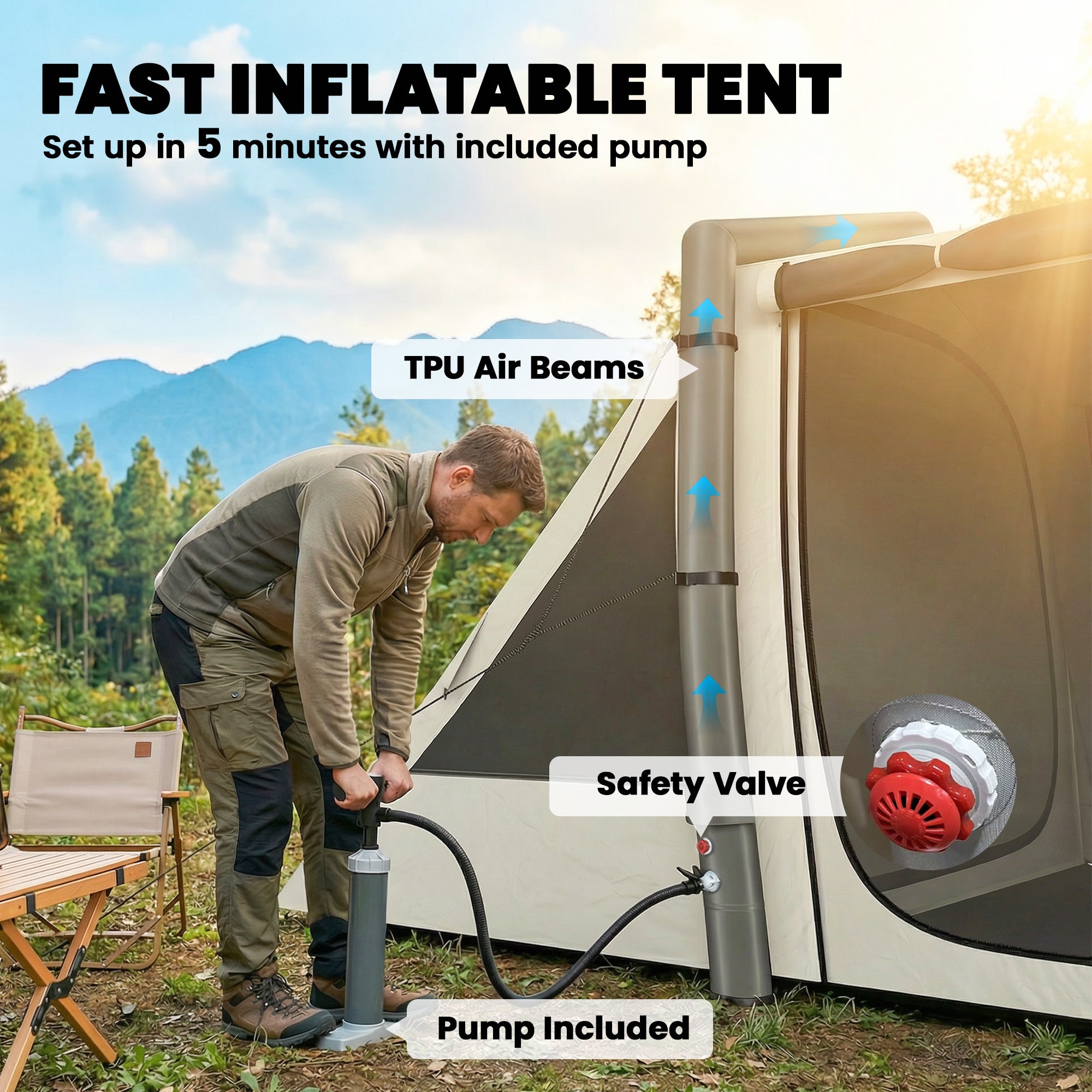 Inflatable 6-Person Tent — Fast Setup, Darkened Bedrooms, 2-Bedroom + Living Area, Porch, Fluorescent Pegs & Groundsheet, Waterproof Oxford Fabric