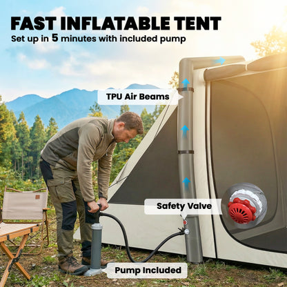 Inflatable 6-Person Tent — Fast Setup, Darkened Bedrooms, 2-Bedroom + Living Area, Porch, Fluorescent Pegs & Groundsheet, Waterproof Oxford Fabric