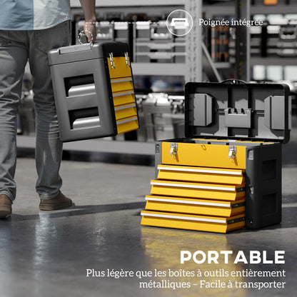 4-Drawer Tool Chest — Powder-Coated Steel Toolbox with Removable Tray, Small Parts Boxes, Ball-Bearing Slides & Carry Handle (Yellow)