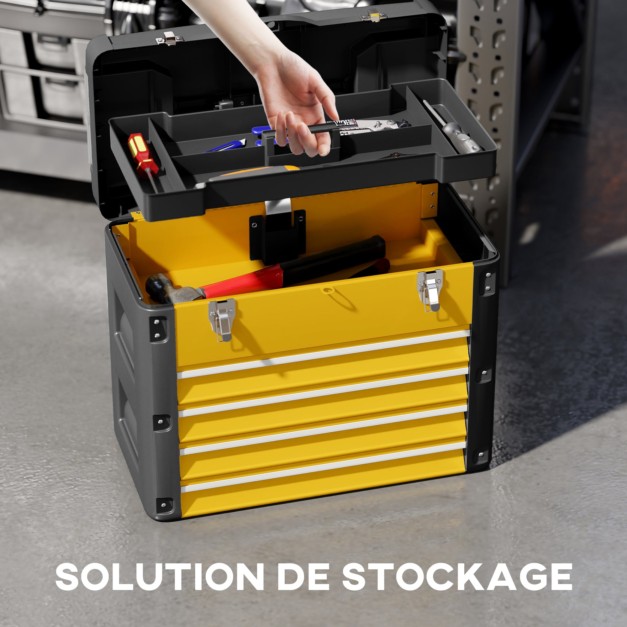 4-Drawer Tool Chest — Powder-Coated Steel Toolbox with Removable Tray, Small Parts Boxes, Ball-Bearing Slides & Carry Handle (Yellow)