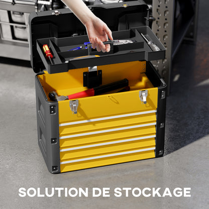 4-Drawer Tool Chest — Powder-Coated Steel Toolbox with Removable Tray, Small Parts Boxes, Ball-Bearing Slides & Carry Handle (Yellow)
