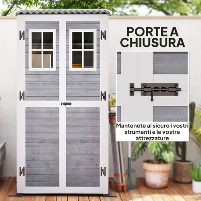 Wooden Garden Tool Shed made of Fir Wood with 2 Windows and Adjustable Shelves, Lockable Garden Tool Shed, Sloping Roof for Terrace Patio, 91x69x192cm, Light Grey