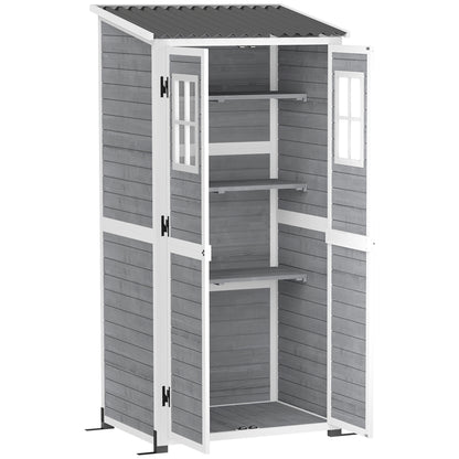 Wooden Garden Tool Shed made of Fir Wood with 2 Windows and Adjustable Shelves, Lockable Garden Tool Shed, Sloping Roof for Terrace Patio, 91x69x192cm, Light Grey