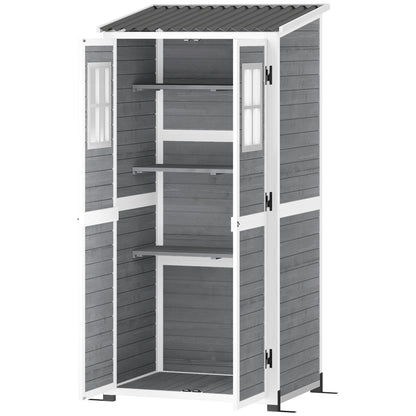 Wooden Garden Tool Shed made of Fir Wood with 2 Windows and Adjustable Shelves, Lockable Garden Tool Shed, Sloping Roof for Terrace Patio, 91x69x192cm, Light Grey