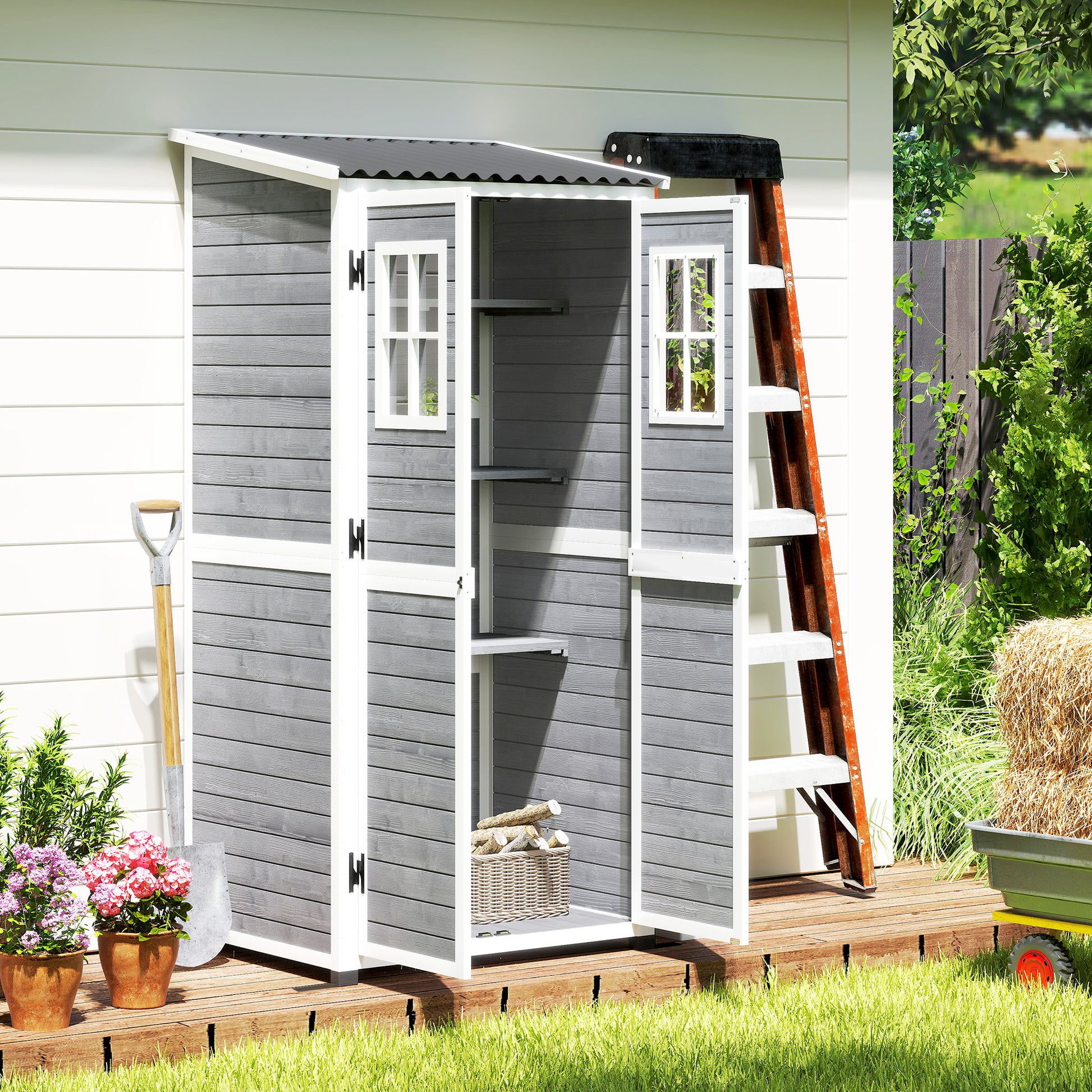 Wooden Garden Tool Shed made of Fir Wood with 2 Windows and Adjustable Shelves, Lockable Garden Tool Shed, Sloping Roof for Terrace Patio, 91x69x192cm, Light Grey