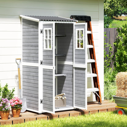 Wooden Garden Tool Shed made of Fir Wood with 2 Windows and Adjustable Shelves, Lockable Garden Tool Shed, Sloping Roof for Terrace Patio, 91x69x192cm, Light Grey
