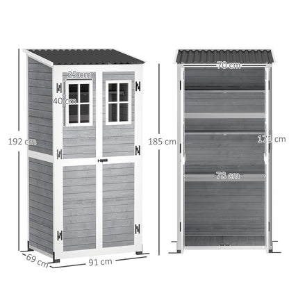 Wooden Garden Tool Shed made of Fir Wood with 2 Windows and Adjustable Shelves, Lockable Garden Tool Shed, Sloping Roof for Terrace Patio, 91x69x192cm, Light Grey