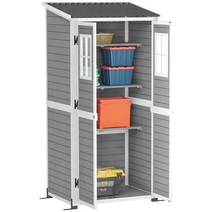 Wooden Garden Tool Shed made of Fir Wood with 2 Windows and Adjustable Shelves, Lockable Garden Tool Shed, Sloping Roof for Terrace Patio, 91x69x192cm, Light Grey