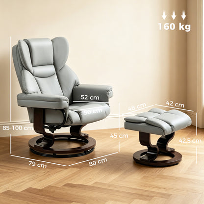 Recliner with Ottoman, 360° Swivel TV Chair with 145° Recline, PU Leather, Light Gray