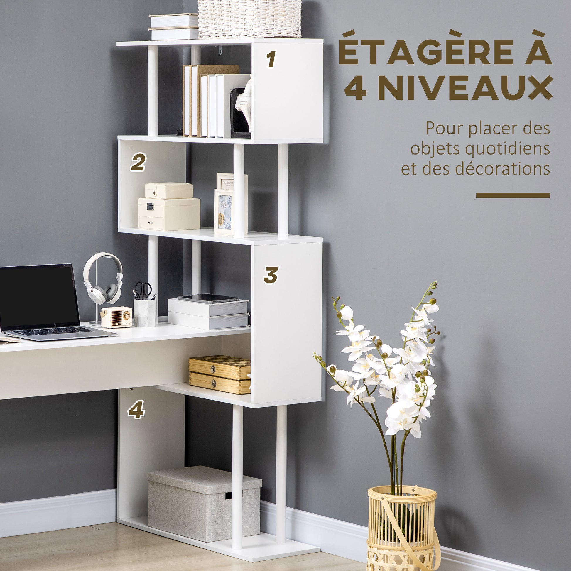 Corner Desk with Storage Shelves Modern Contemporary Design L-Shaped Computer Desk Wooden Shelves 120 x 80 x 176 cm White