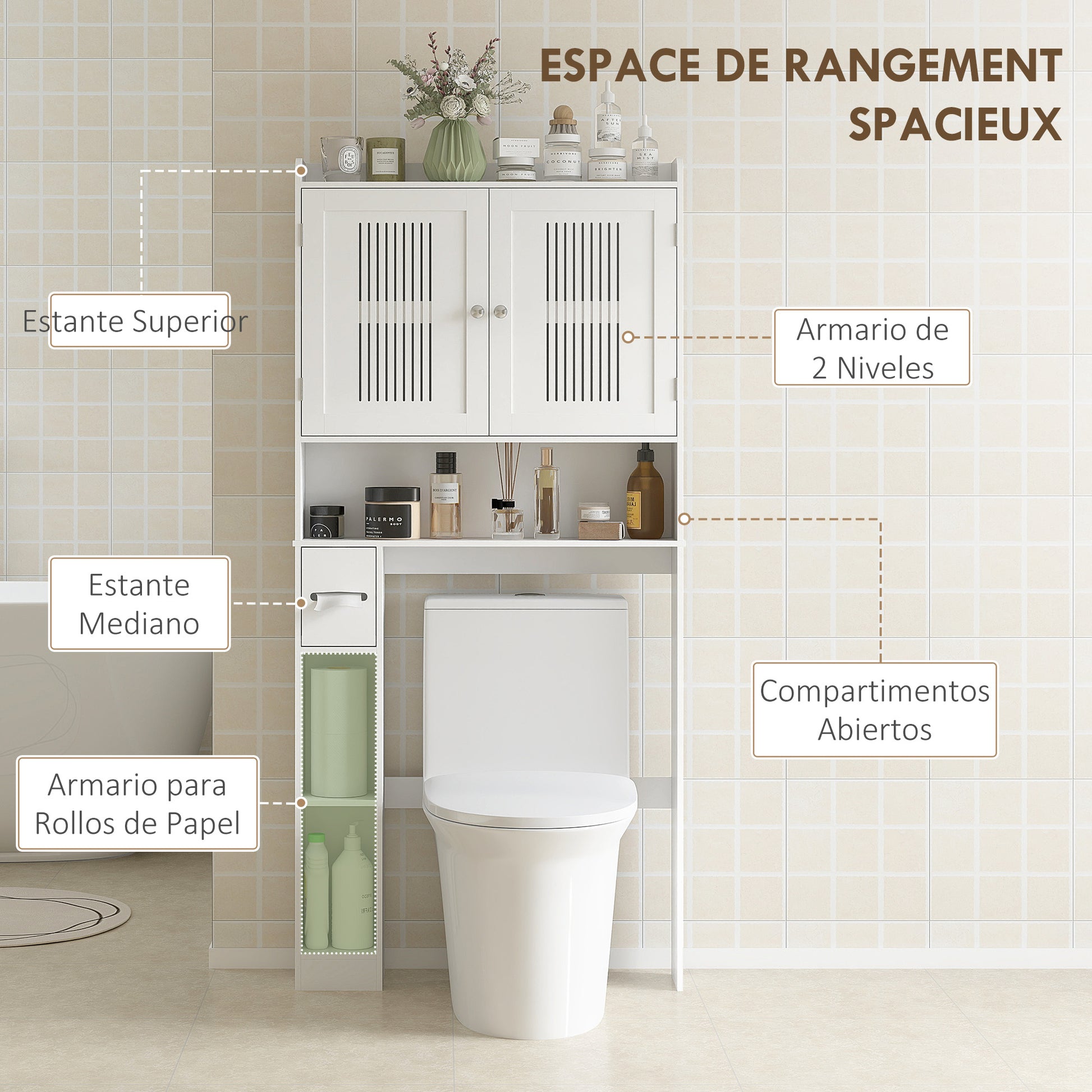 Over Toilet Shelf Bathroom Cabinet with Adjustable Shelf, 2 Doors, Toilet Paper Holder, and Open Shelves Space-Saving Storage Cabinet for Bathroom White