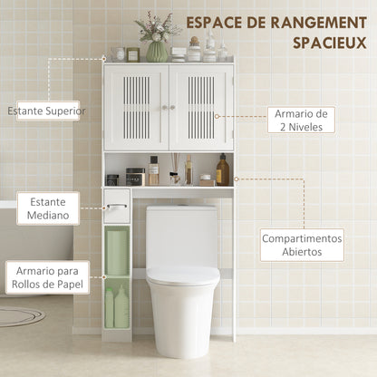 Over Toilet Shelf Bathroom Cabinet with Adjustable Shelf, 2 Doors, Toilet Paper Holder, and Open Shelves Space-Saving Storage Cabinet for Bathroom White
