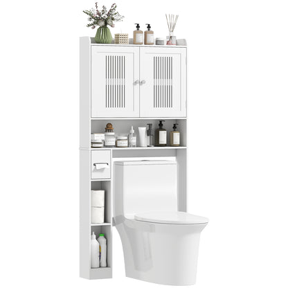 Over Toilet Shelf Bathroom Cabinet with Adjustable Shelf, 2 Doors, Toilet Paper Holder, and Open Shelves Space-Saving Storage Cabinet for Bathroom White