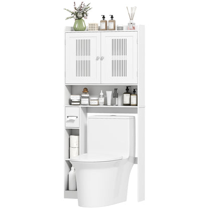 Over Toilet Shelf Bathroom Cabinet with Adjustable Shelf, 2 Doors, Toilet Paper Holder, and Open Shelves Space-Saving Storage Cabinet for Bathroom White