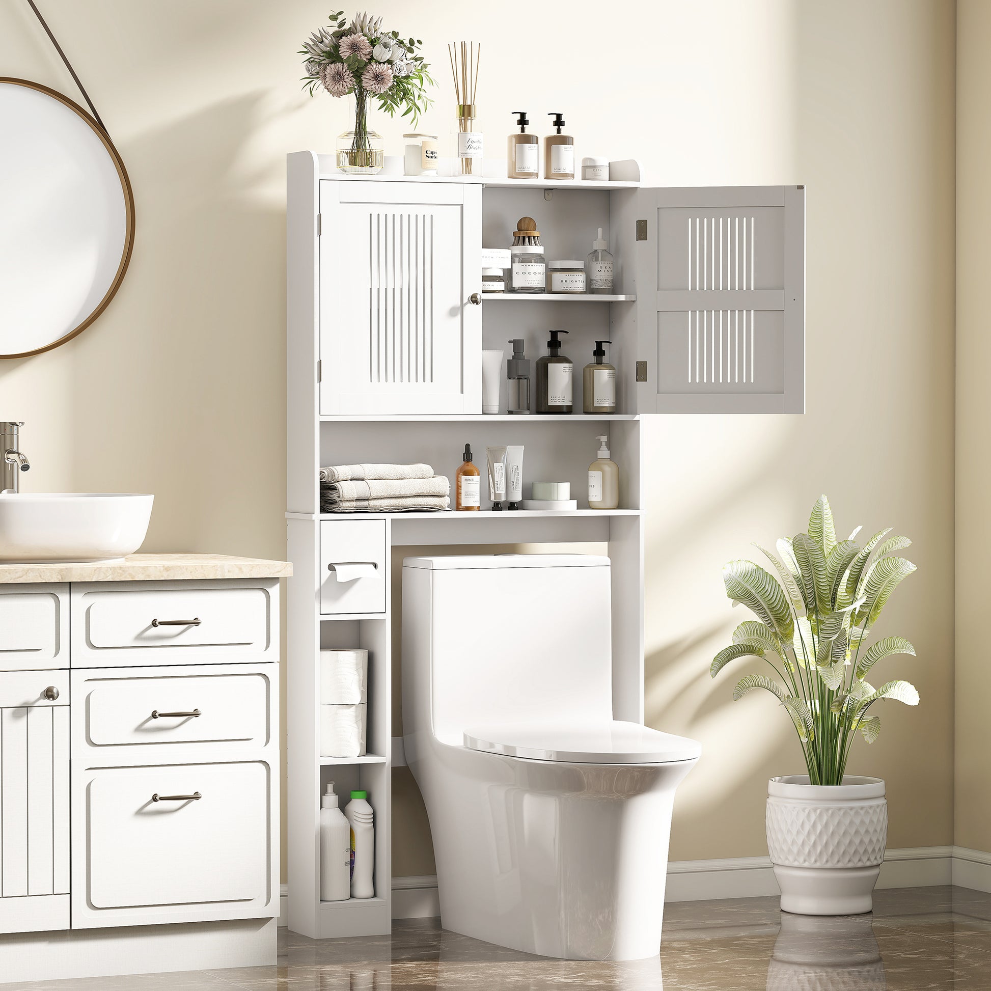 Over Toilet Shelf Bathroom Cabinet with Adjustable Shelf, 2 Doors, Toilet Paper Holder, and Open Shelves Space-Saving Storage Cabinet for Bathroom White